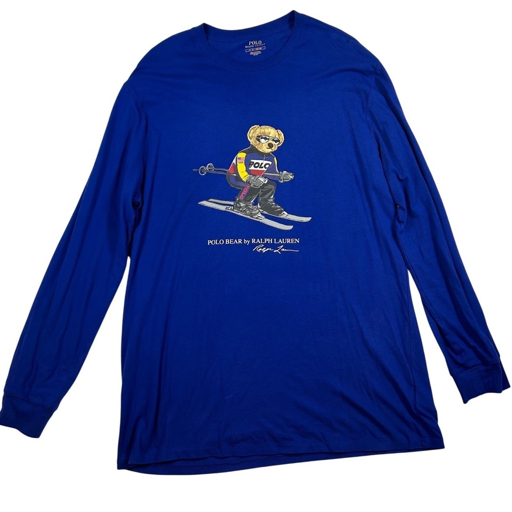 Polo Ralph Lauren Mens Royal Blue Skiing Polo Bear Long Sleeve T-Shirt LT